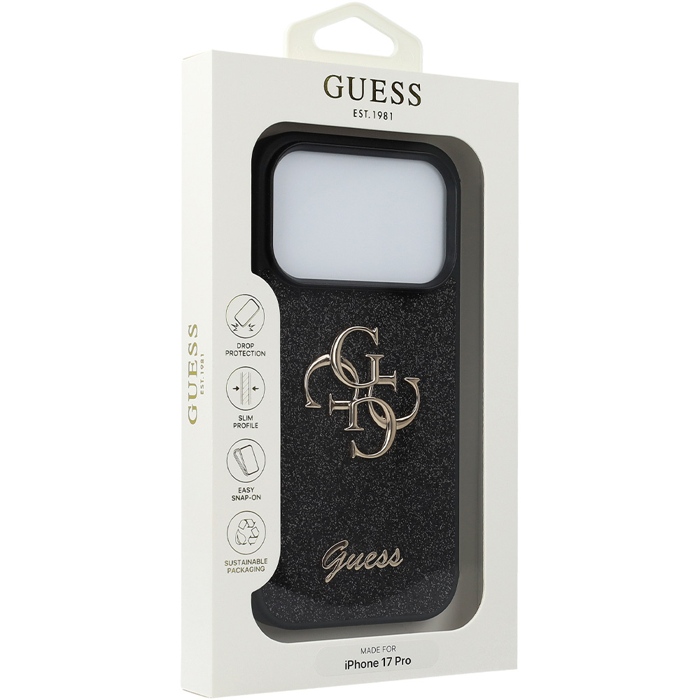 Etui Guess Fixed Glitter Big 4G do iPhone 17 Pro, czarno-brokatowe